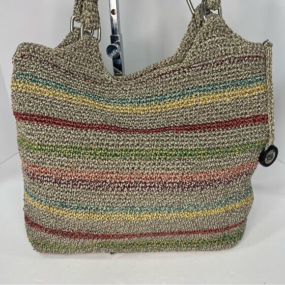 THE SAK Voyager Crochet Gray Stripped Belle Shoulder Tote Bohemian Medium Bag - Picture 8 of 12